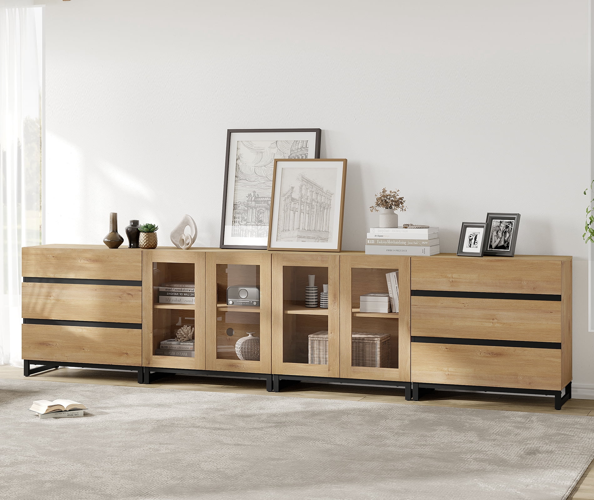 Modern Dresser with Tempered Glass Doors, 6 Drawers Storage Chest with Adjustable Shelves, 4 In 1 Household Closet Organizer for Bedroom Living Room,Oak