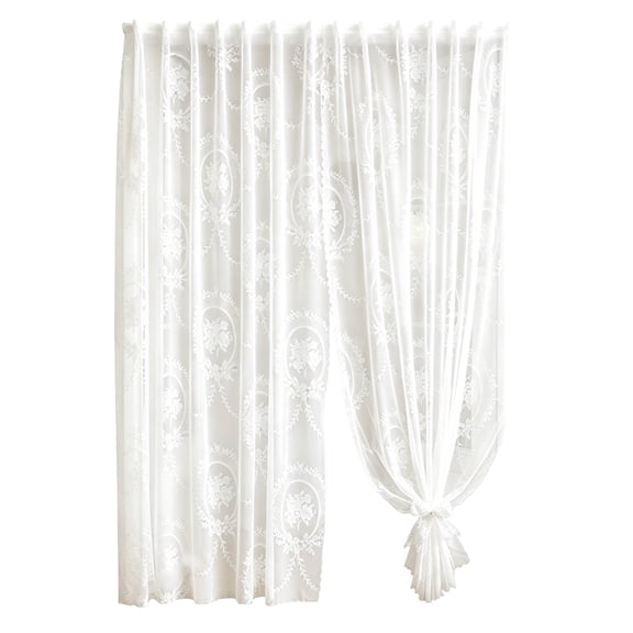 Stick on Sheer Curtains No Drill Self Adhesive White Floral Lace Voile Curtain Decorative Window Net Curtains for Home Living Room Kitchen Bedroom