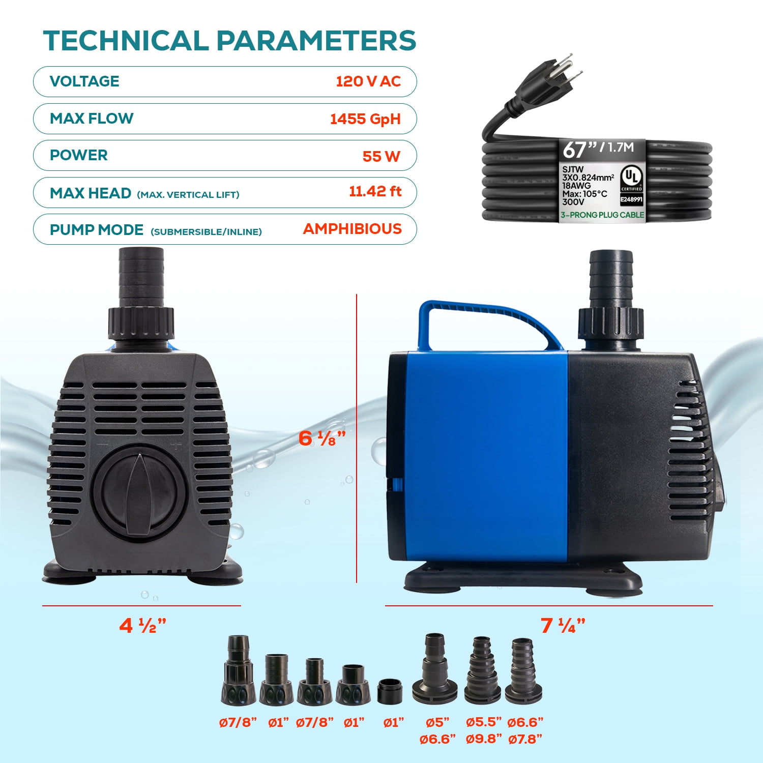 1450 GPH Amphibious For Pond Fountain Aquarium Fish Tank Water Pump