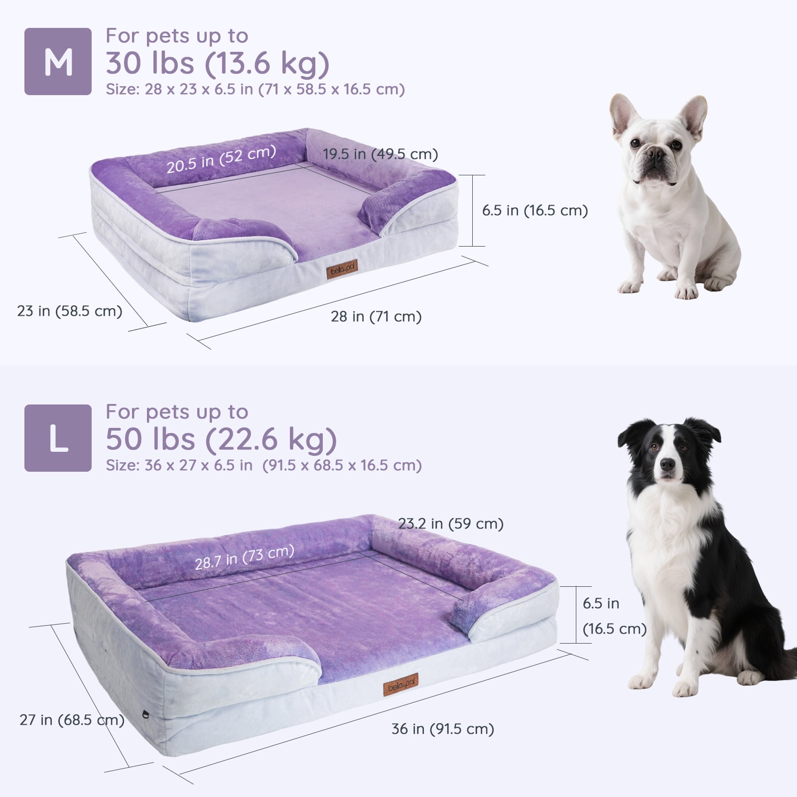 BELLA & PAL Orthopedic Dog Bed for Medium Small Dogs – No Assembly Needed, Egg-Crate Foam Dog Couch with Waterproof Liner, Washable Removable Cover, Non-Slip, 28"x23"x6.5", Purple