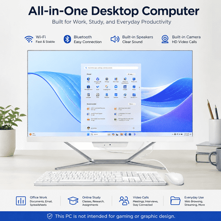 PTZZHEDM 21.5" All-in-One Desktop PC, Intel N5095, 16GB RAM, 512GB SSD, Windows 10 Pro, White