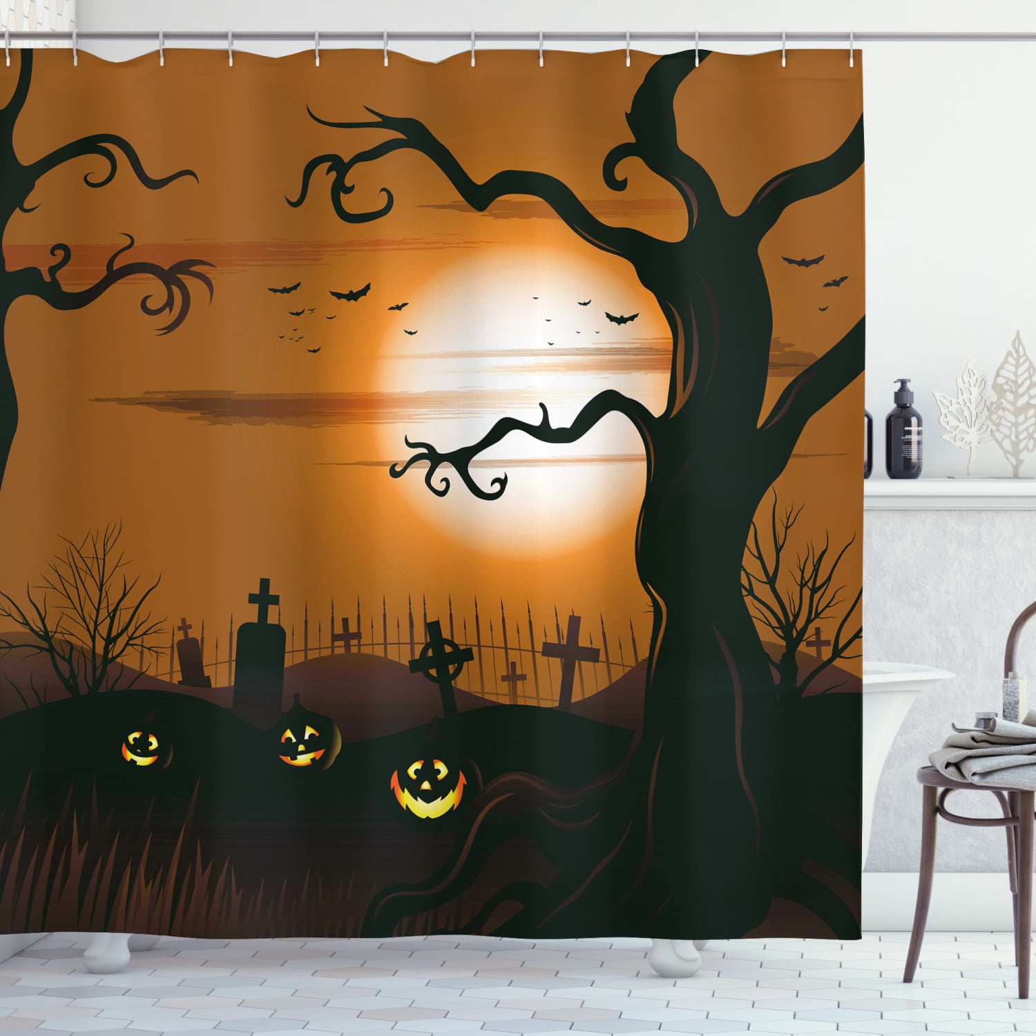 Waterproof Fabric Horror Forest Shower Curtain Halloween Night Bathroom Hooks 