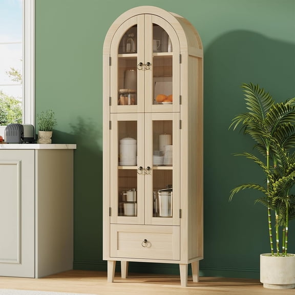 71” Tall Arched Cabinet with Acrylic Glass Door, Modern Curio Arched Bookcase W/ Drawer, Display Cabinet Organizer, Kitchen Pantry with Top-opening Storage Container for Living Dining Room, Natural
