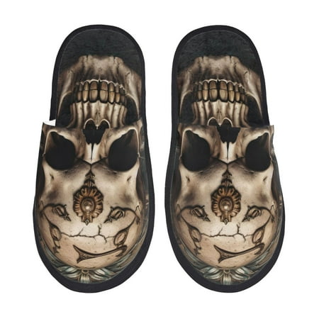

Tideii Metal Style Horned Skull for Home Indoor Cotton Slippers Autumn and Winter EVA Plush Slippers Household Supplies Unisex-Medium