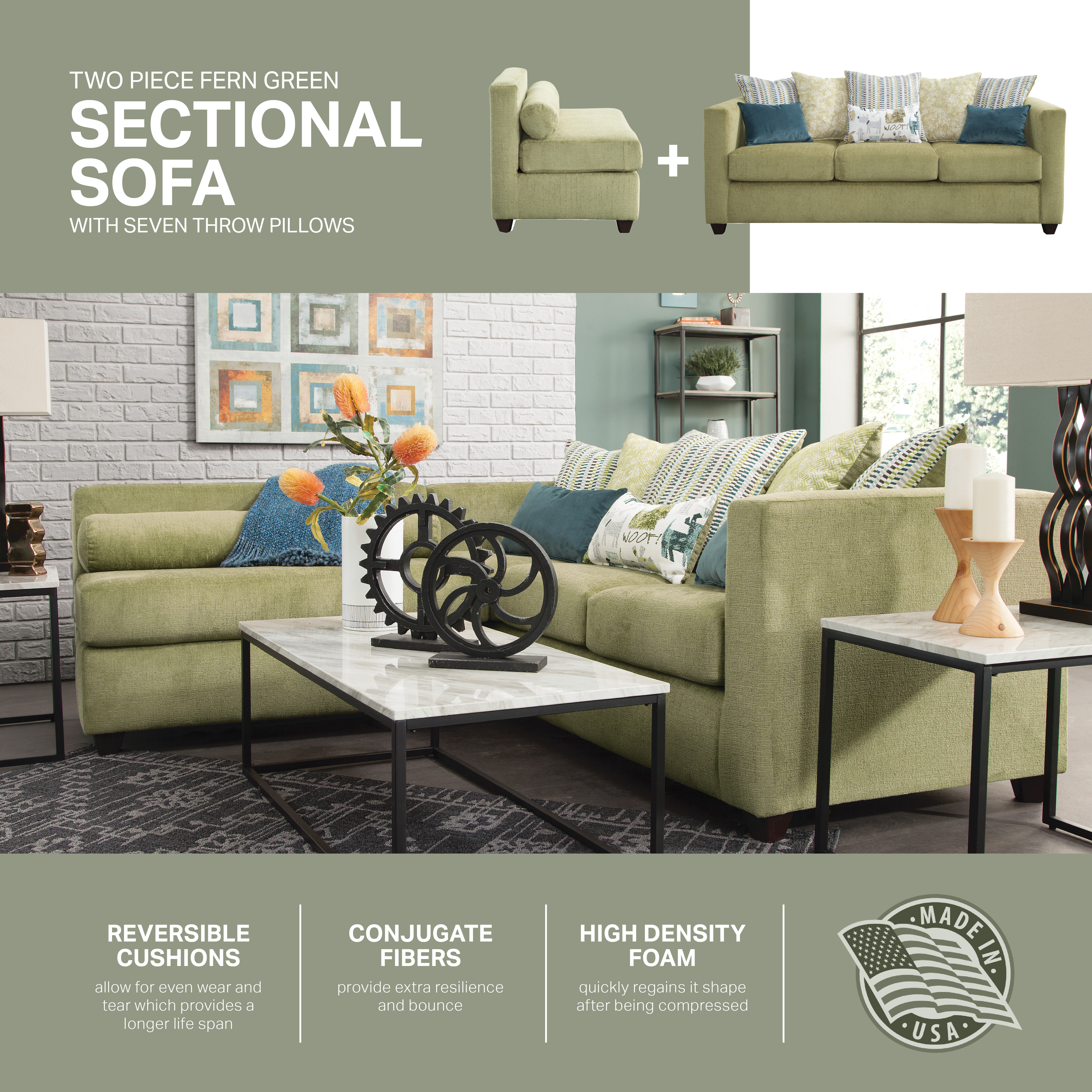 American Furniture Classics Model 8-10-A238V5-K Urban Square Arm Green Two Piece Sectional Sofa with Seven Throw Pillows