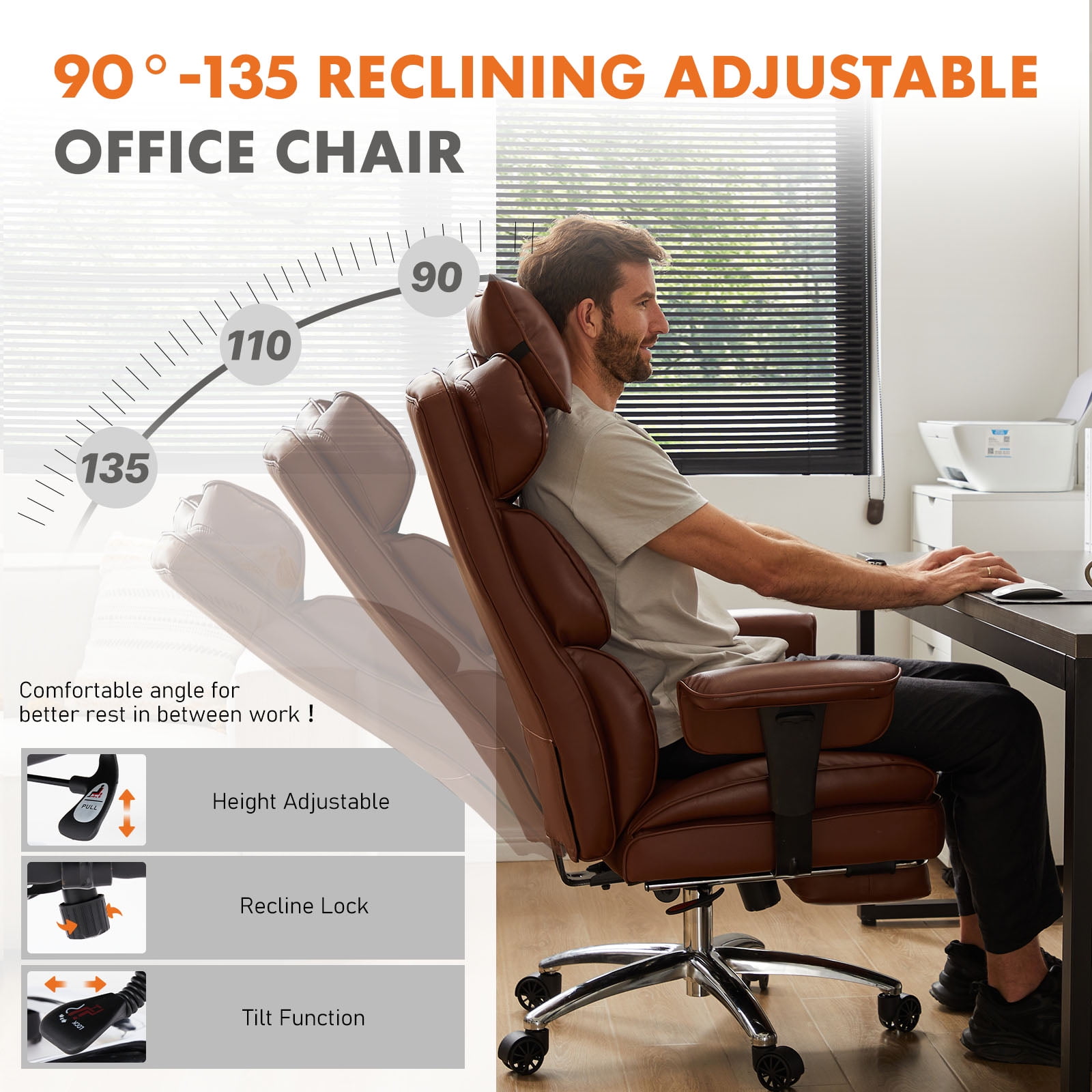 GIANNA Executive Home Office Desk Chair Ergonomic Big Tall High Back with Footrest & Lumbar Support, Reclining Height Adjustable Comfy PU Leather Computer Gaming with Swivel Wheels, Brown