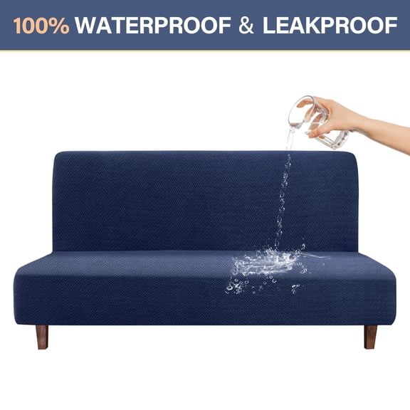 AUQ Waterproof Futon Cover, Leakproof Armless Sofa Slipcover, Stretch Jacquard Sofa Bed Cover Full Folding, Couch Furniture Protector for Kids, Pets, Dog and Cat (Medium, Navy)