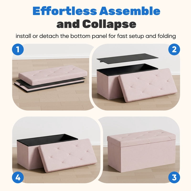 Gianna 30 Inch Folding Ottoman With Storage Bench, Bedside Storage Bench With Linen Top Cover and Cushion, Footrest Suitable for Bedroom, Living Room, Pink