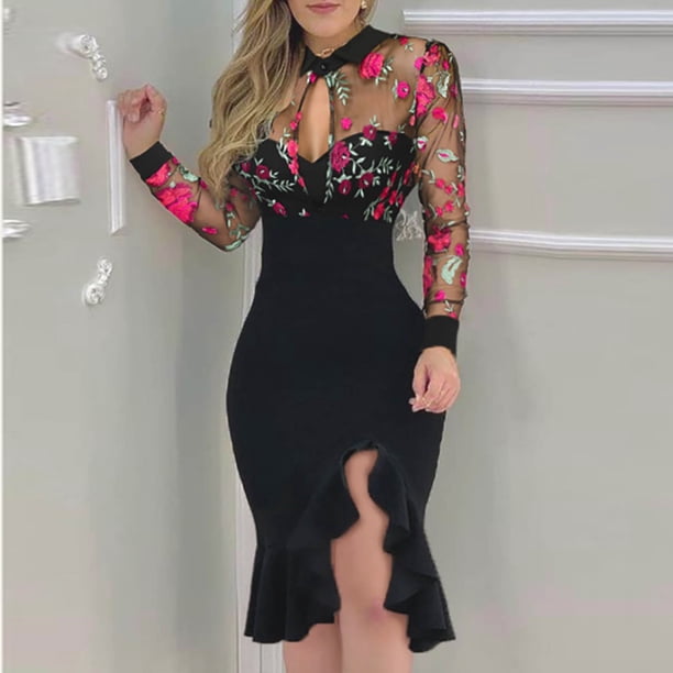 gakvbuo Summer Dresses For Women 2022 Wedding Guest Dresses For Women Graduation  Dress Slit Ruffles Hem Floral Pattern Slimming Lace Long Sleeve Dress -  Walmart Business Supplies