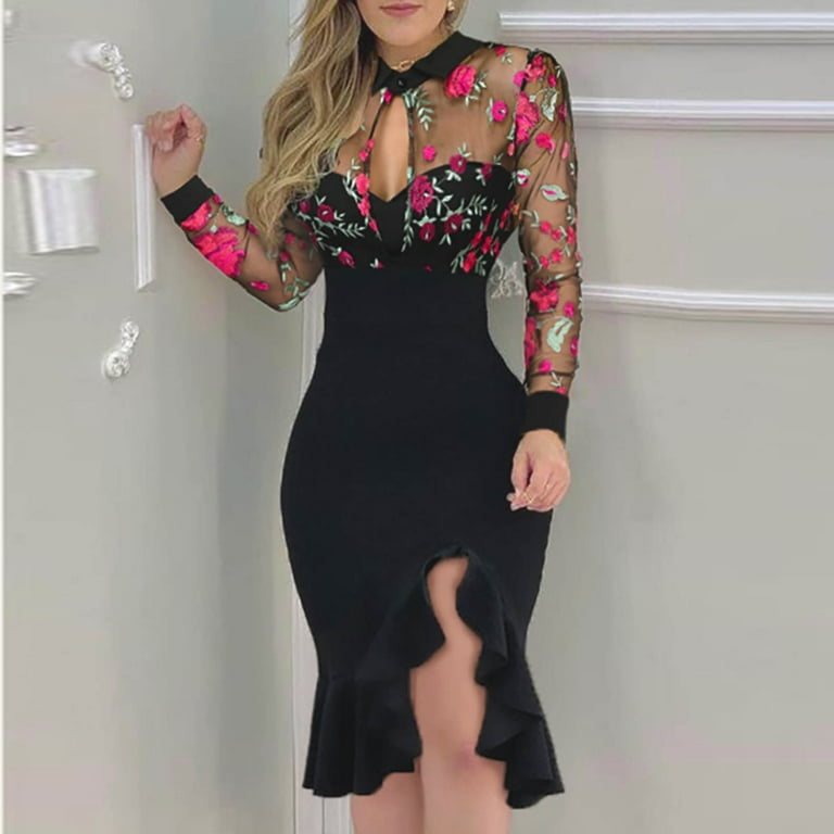 Wedding Guest Dresses for Women Petite,Ladies Prom Dress Ruffles Hem Floral  Pattern Slit Dress Sexy Bodycon Dress Going Out Party Evening Dress Long  Sleeve Nightclub Cocktail Gown Dress - Walmart.com
