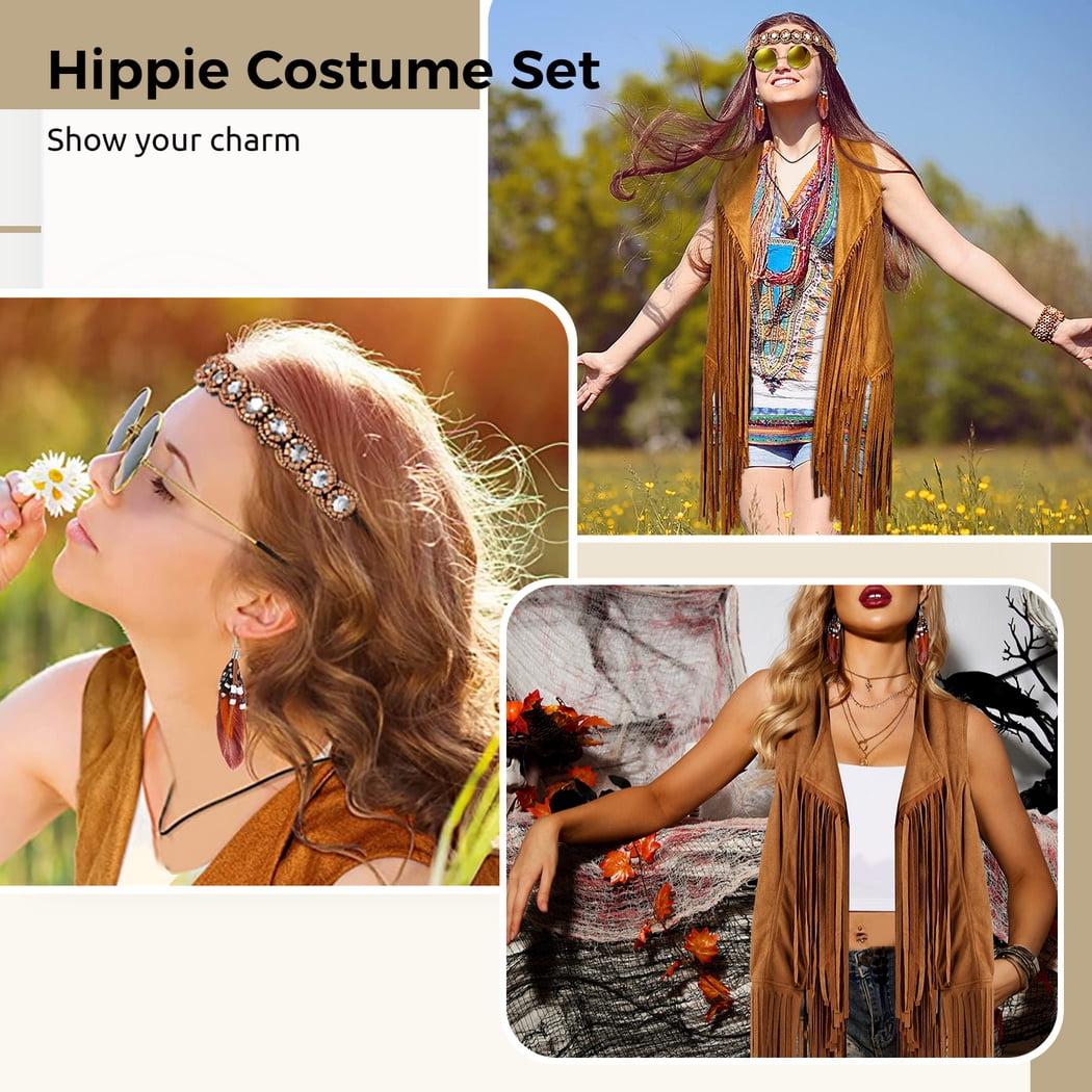 Bangcool Hippie Costume Set 60s 70s Women Hippie Costume Accessories Set Includes Tassel Vest Boho Headband Tassel Earrings Sunglasses Sleeve