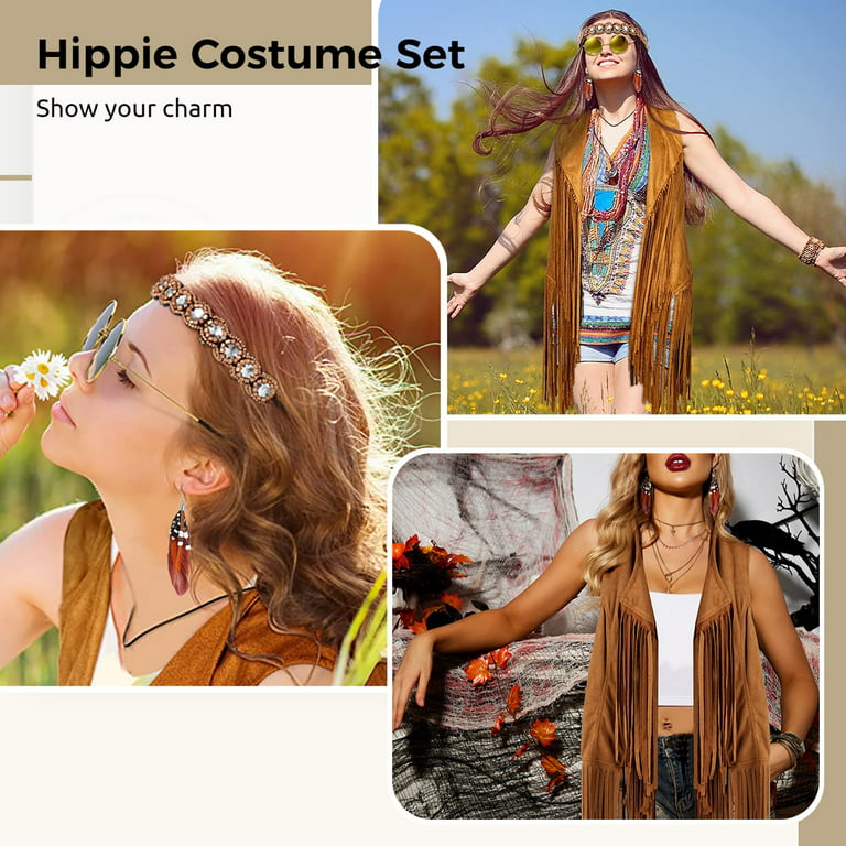 Hippie Costume Set, 60s 70s Women Hippie Costume Accessories Set, Tassel  Vest & Boho Headband & Tassel Earrings & Sunglasses, Sleeveless Fringe Vest