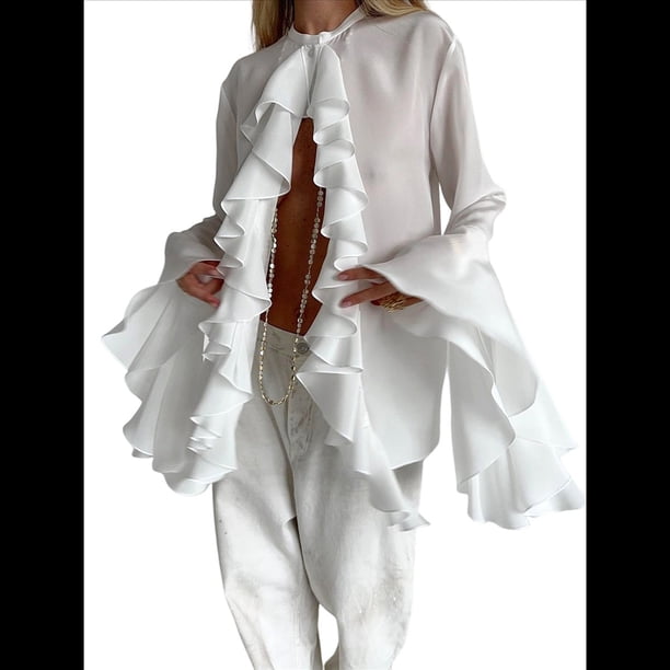 Blusas Casuales para Mujer, con Mangas Acampanadas, Cuello Alto y Volantes, Camisa de Verano A para Vacaciones. XXL