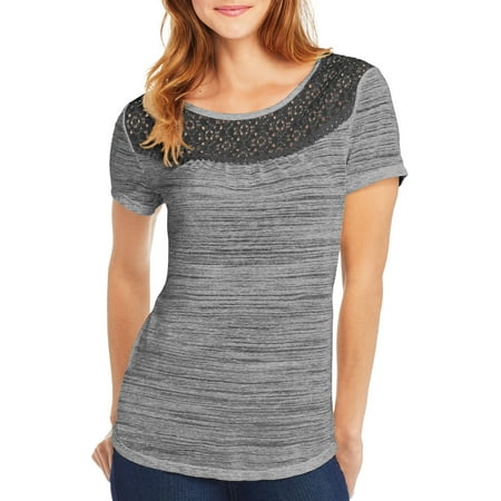 Sheer Black Lace Top - Women's Short-Sleeve Peasant Tee with Lace