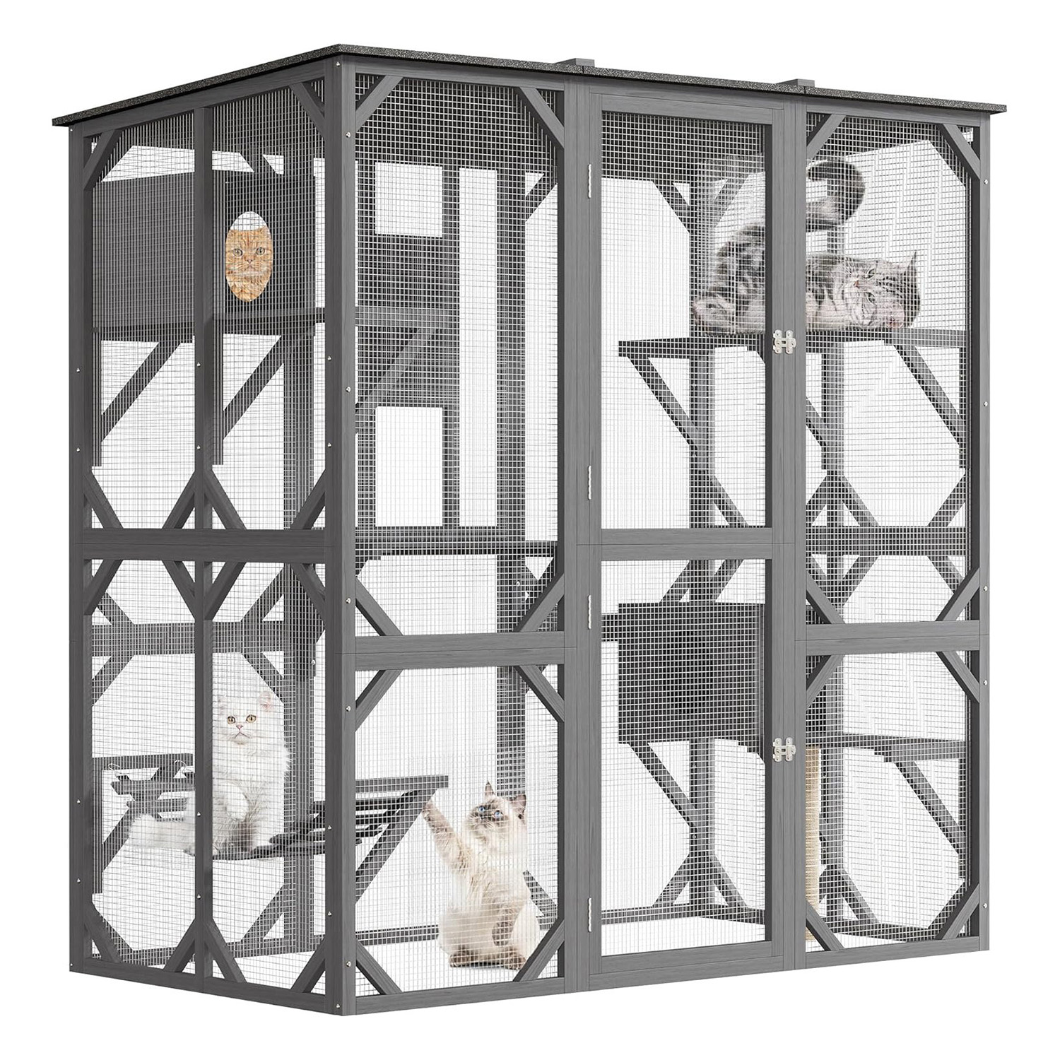 Roromall Large Walk-in Window Catio Outdoor, 70'' Wooden Cat Enclosure for Mulitiple Cats with Waterproof Roof, Feral Cat Shelter with Platforms, Hammock, Scratching Post and Resting Box