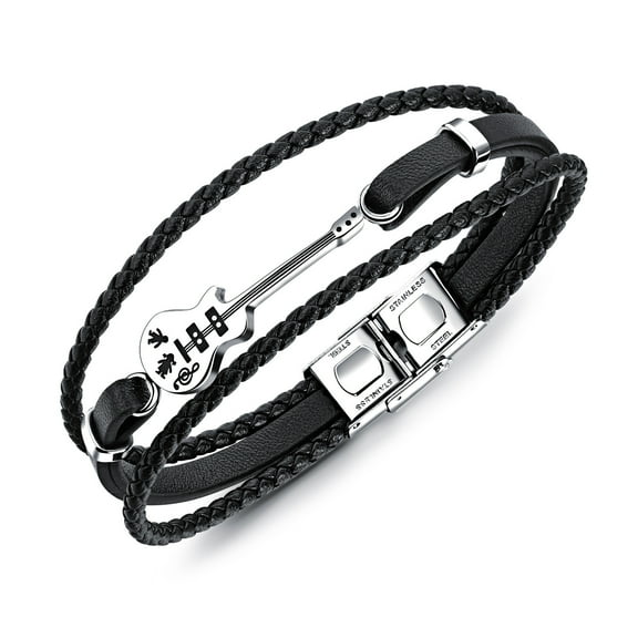 NICKSUN Stainless Steel Genuine Leather Guitar Bracelet Handmade Braided Multi-Layer Wristband Musical Bracelet For Men, Music Enthusiast Gift