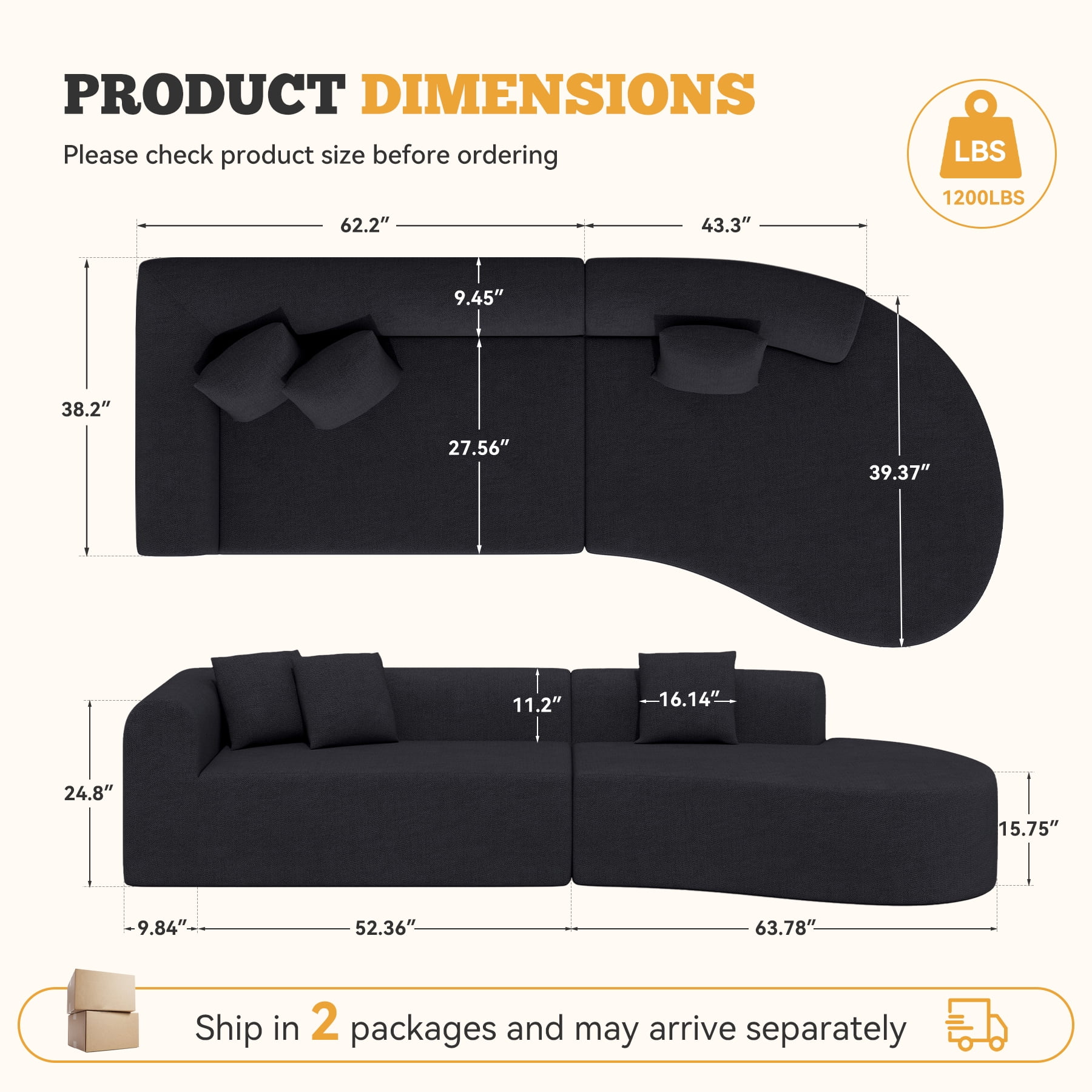 Hawsaiy 126" Oversized Modular Sectional Sofa, Modern Deep Seat Curved Cloud Couch, Soft Chenille Upholstered Sofa for Living Room, Black, No Assembly