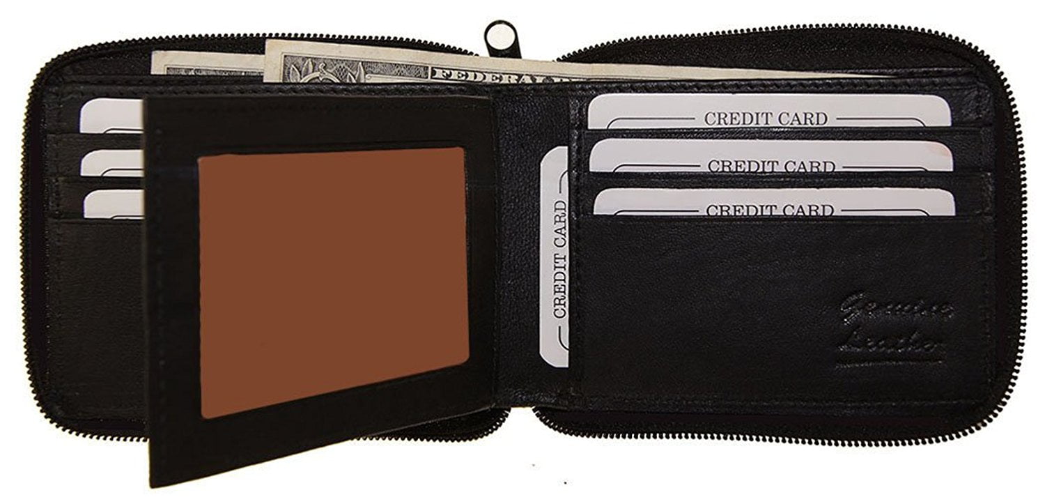Improving Lifestyles Leather Zip Around Bifold Wallet ID Card Window Zipper Black with Organza