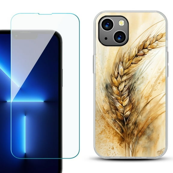 OneToughShield ® for iPhone 15 Plus Shockproof Phone Case, with Tempered Glass Screen Protector - Wheat Painting