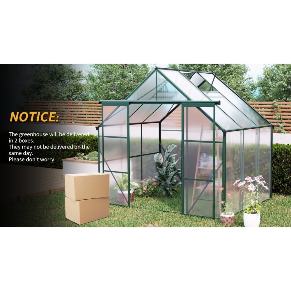 8x6 FT Green Polycarbonate Greenhouse, Double Door Walk-In Design with Anchored Base for All-Season Use