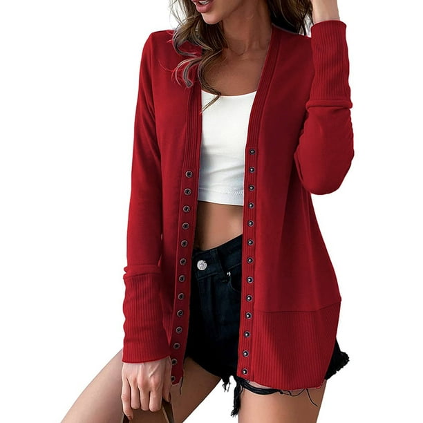 Sonducket Blusa con botones a presión para mujer, cárdigan con cuello en V abierto en la parte delantera, ropa informal, Tops Prendas para la parte del cuerpo Vino rojo XXL Sonducket AP003582-20