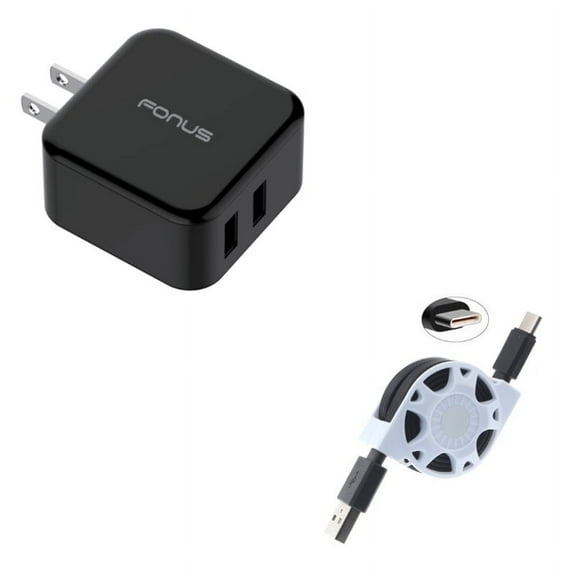 Retractable USB Cable w 30W Fast Home Charger P1R for Blackberry KEYone, Key2 LE - BLU G9, Vivo XI Plus 5 - CAT S61 S48c - Coolpad Legacy - Essential Phone (PH-1) - Google Pixel XL 3a XL 3 XL