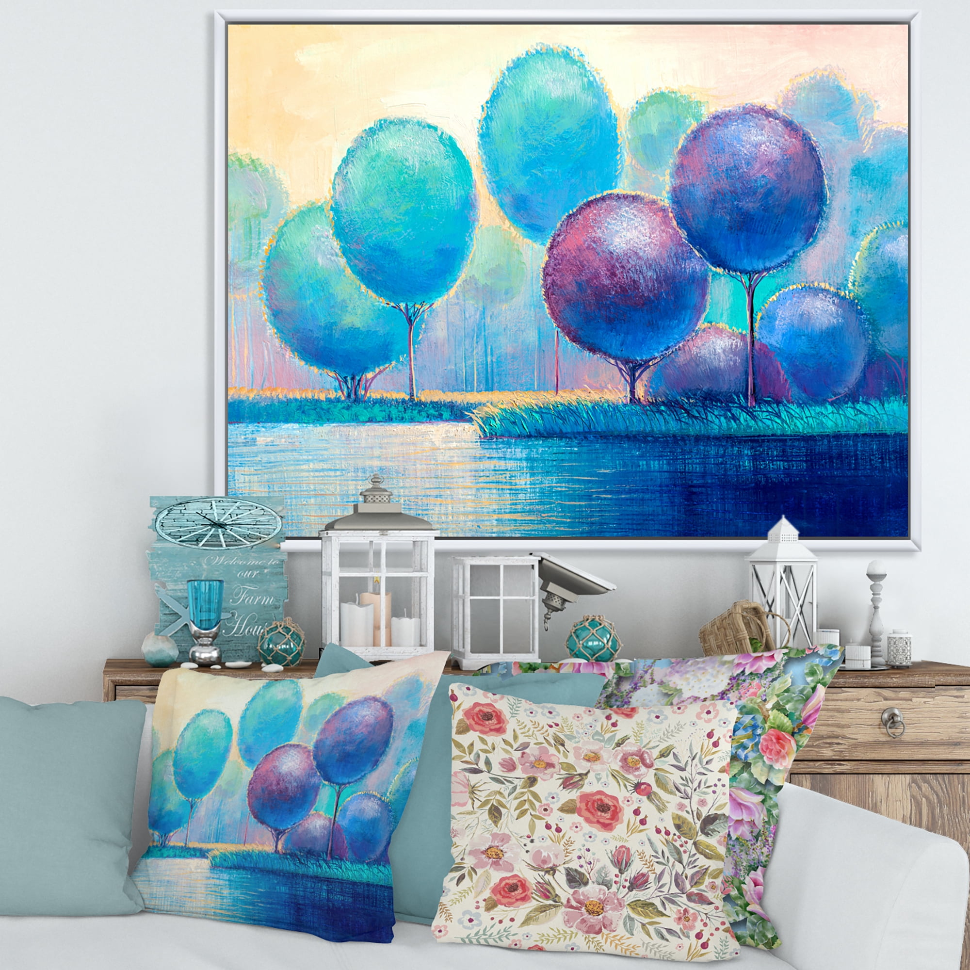 Designart 'Ornamental Colourful Trees V' Modern Framed Canvas Wall Art Print