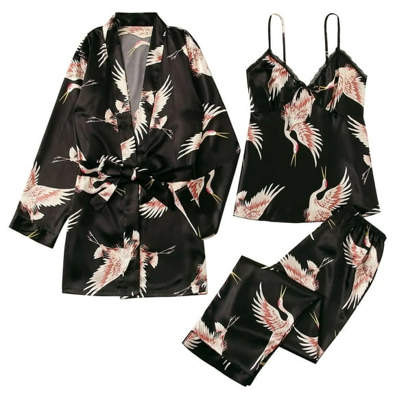 SCSAlgin 3 Piece Pajama Set for Women Silk Satin Printed Cami Tops and Pants Set with Robe Sleepwear Loungewear Pj Sets
