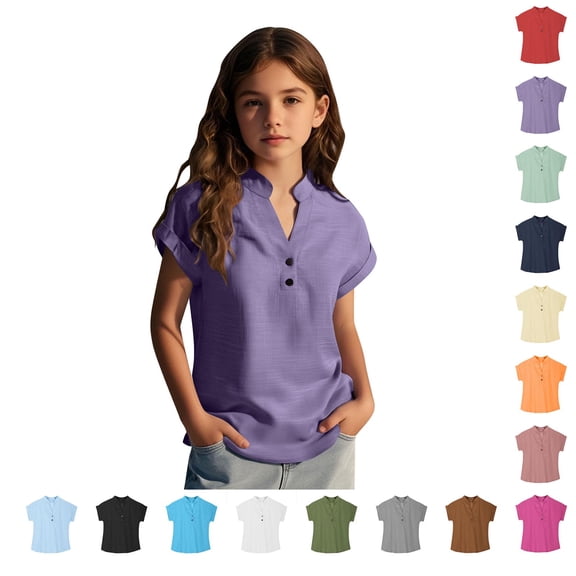 SROBPTY Kids Girls Short Sleeve V Neck Solid Color Button Front Casual Tshirt Top Blue, 9-10 Years
