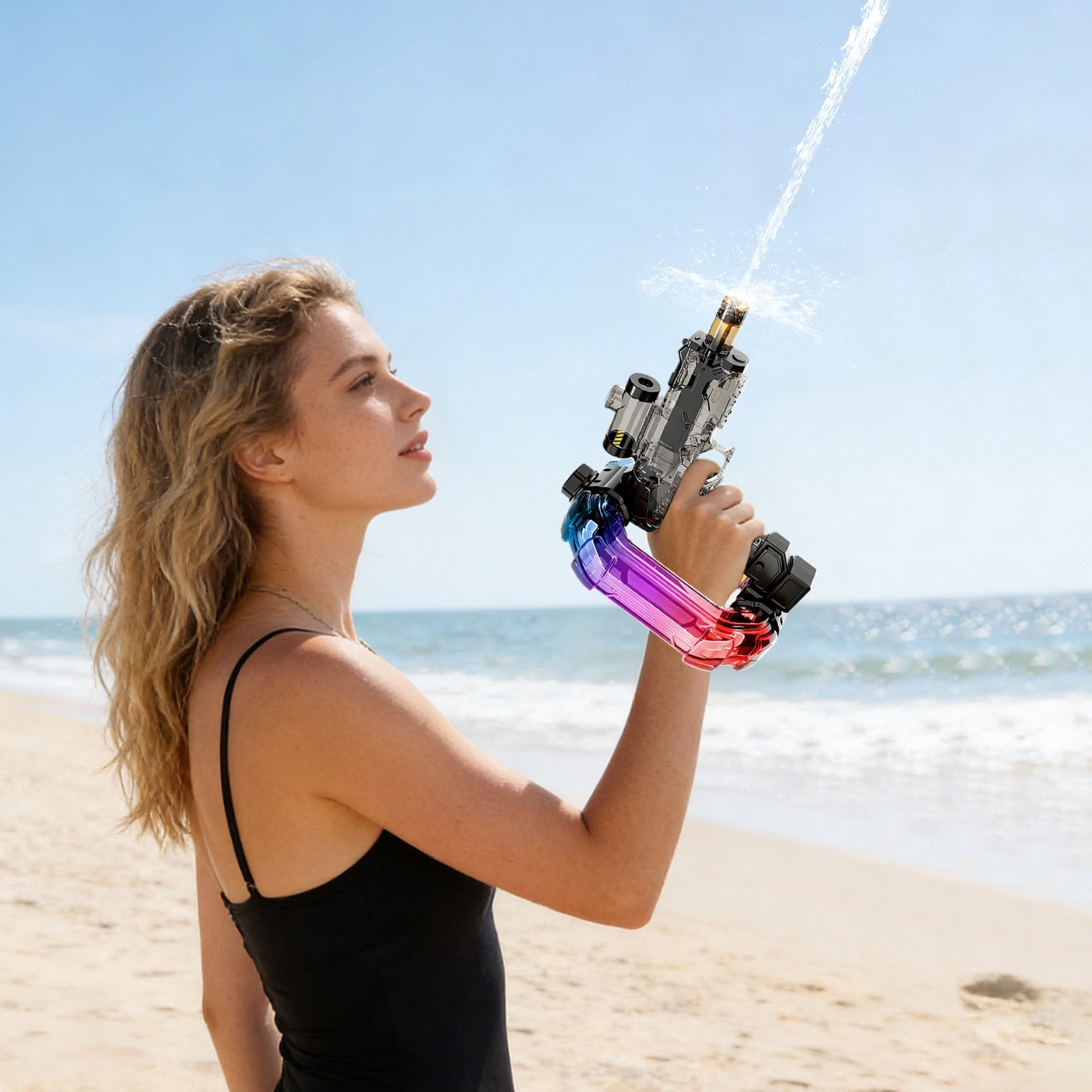 Auroras Ice Blast Water Blaster, Automatic Continuous Pulse Water Sprayer with Colorful LED Lights and Sound Effects, Rechargeable Outdoor Summer Water Gun for Pool Beach, Black