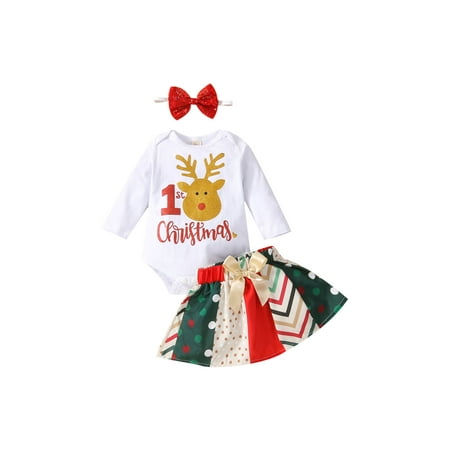 

Spring hue Infant Baby Girls Christmas Clothes Sets 3pcs Deer Printed Long Sleeve Romper Rainbow Striped Bow A-Line Skirts