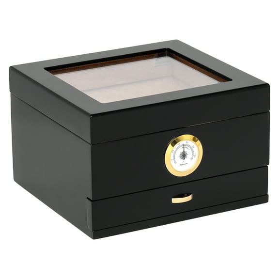 Humidor Supreme Mini Capri Glasstop with Drawer, Black, Hygrometer, 25-48 cigar