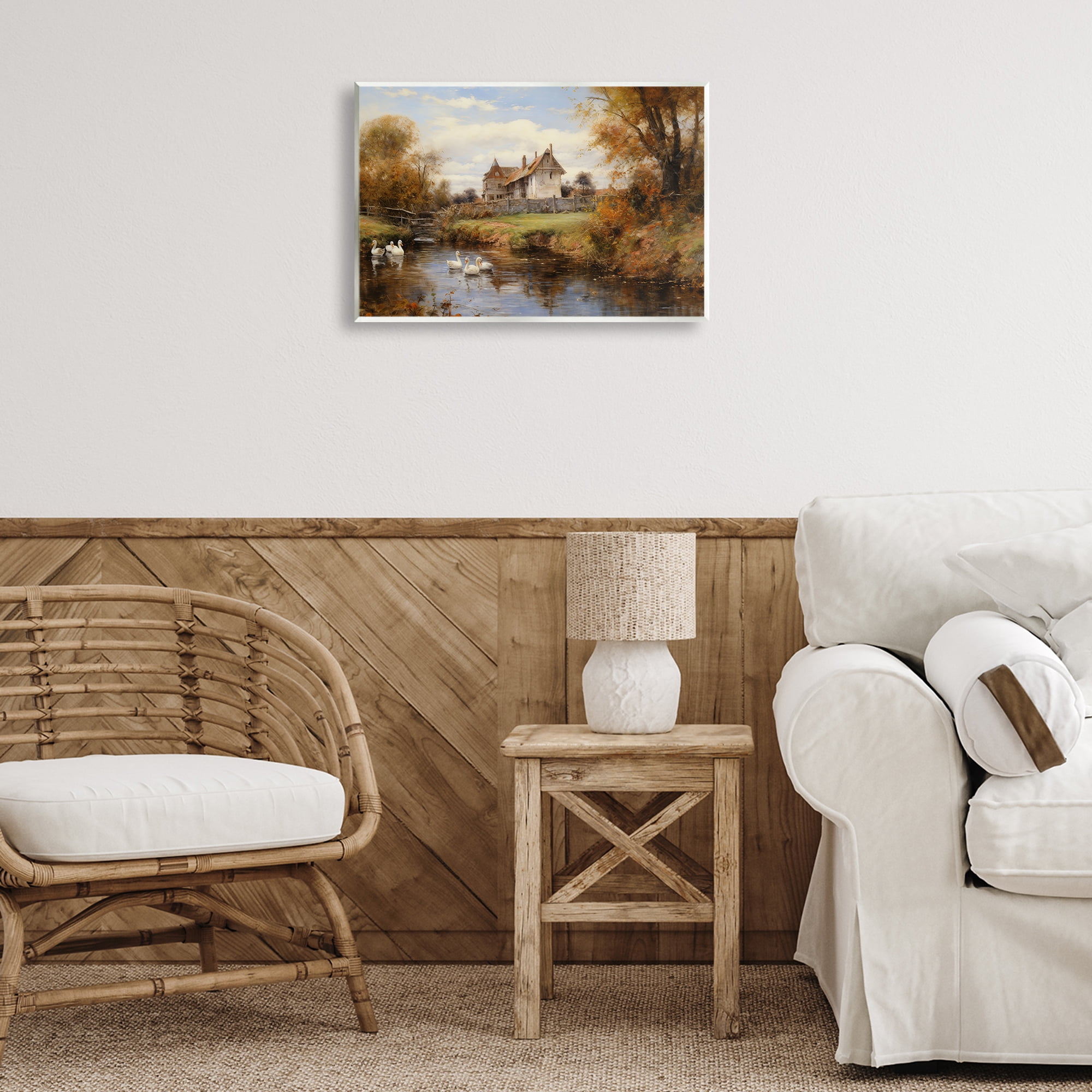 Stupell Industries Ducks in Cottage River Landscape & Nature Painting Unframed Art Print Wall Art, 19 x 13