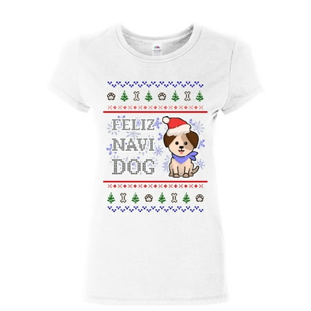 Tee Hunt Feliz Navi Dog Ugly Sweater Women's T-Shirt Christmas Xmas Pet Paws Pup Shirt, White, XX-Large