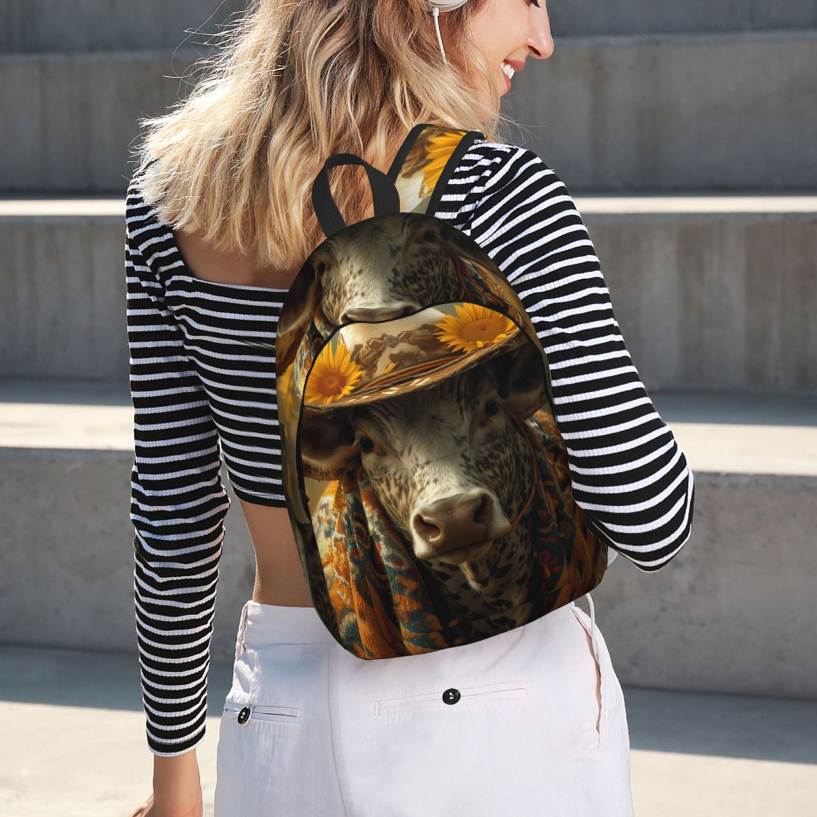 Vsdgher Sunflower Cowboy Hat Cow Print Canvas Backpack Travel Rucksack Unisex Knapsack 15.7/17.7Inch Laptop Backpack for Work,College -Medium