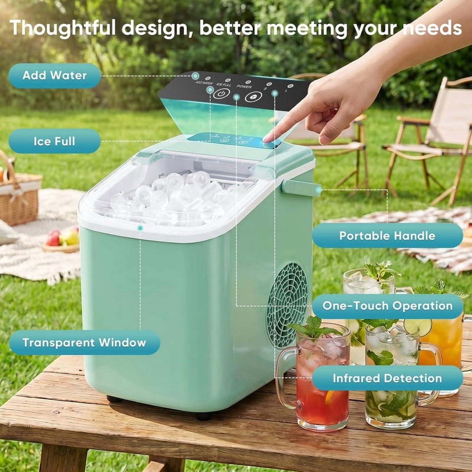 Simenmax Ice Maker Countertop – 26lbs Desktop ice maker with Handle for Home, Kitchen, Office, Outdoors, RV, Camping, Green