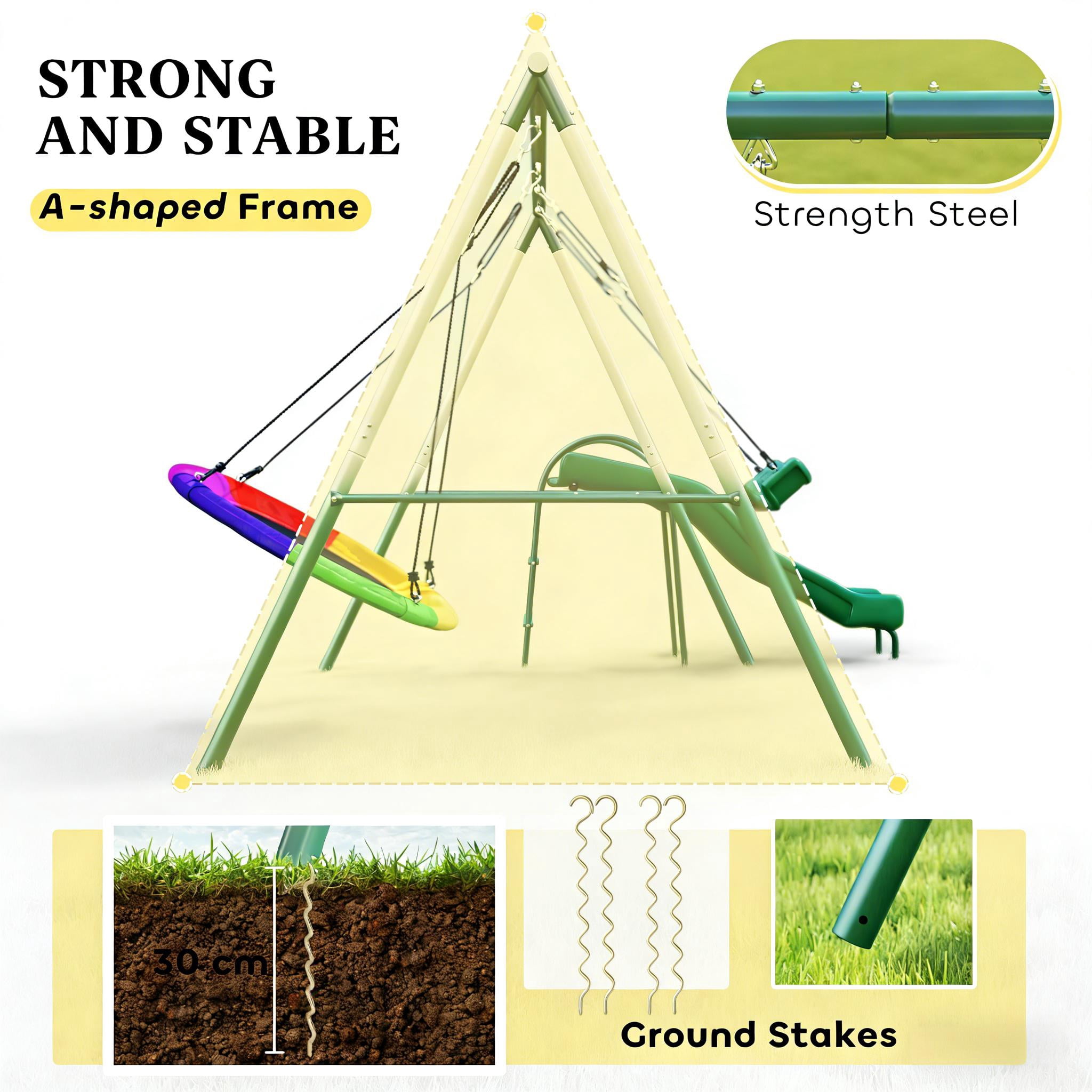 Kids Swing Set with Saucer Swing Seat Slide 265 lbs Capacity A-Frame Steel for Backyard Ages 3-8