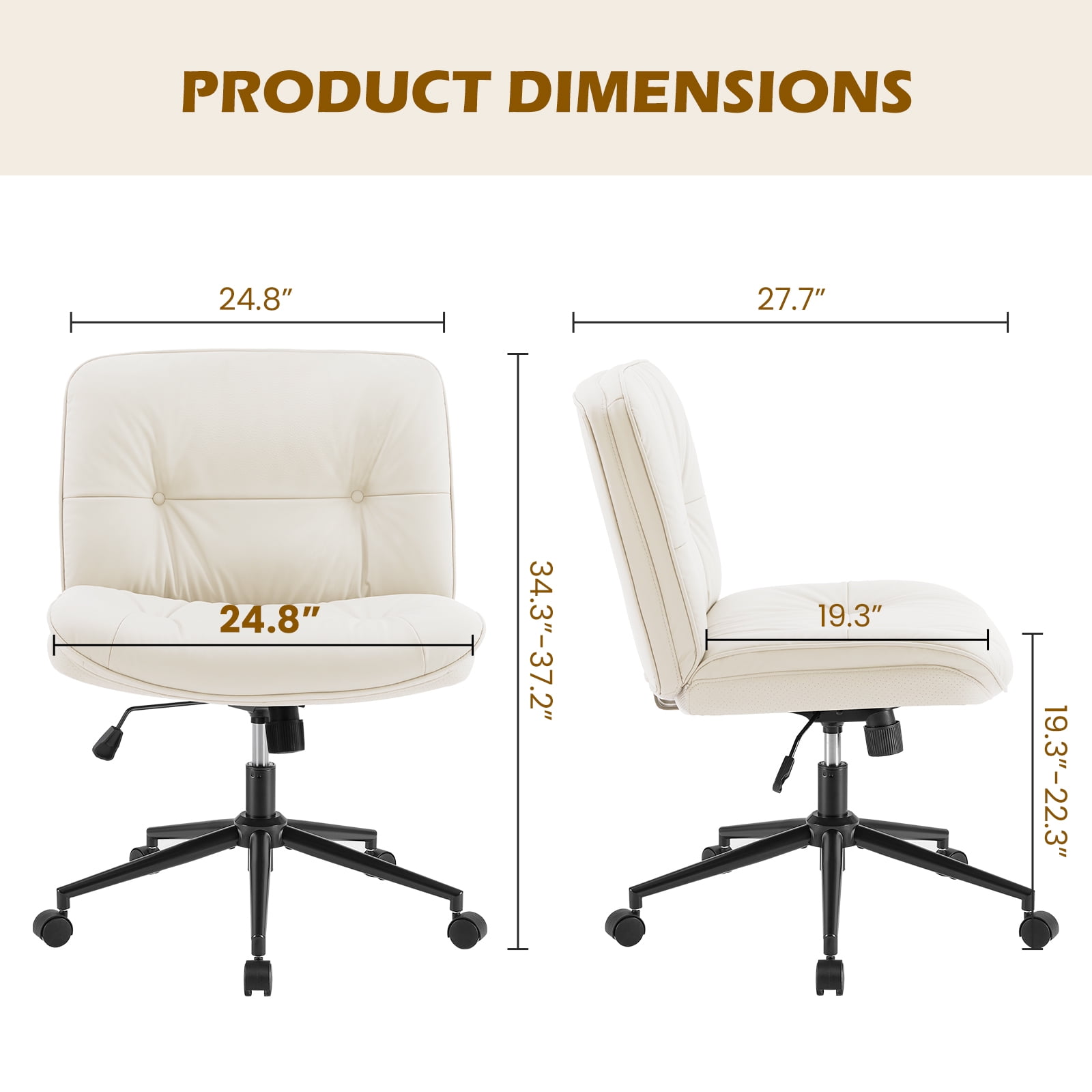 GIANNA Armless Office Desk PU Leather Wide Seat with Wheels, Criss Cross Legged Chair, Height Adjustable, Swivel, For Home Bedroom Office - Beige