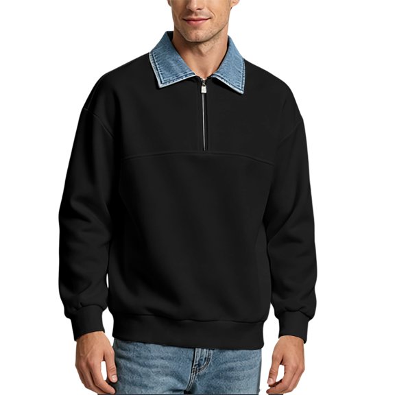 TOUMENY Men Sweater Fall Winter Collared Long Sleeve Solid Casual Comfy Tops Men Color Block Loose Half-Zip Pullover Black L