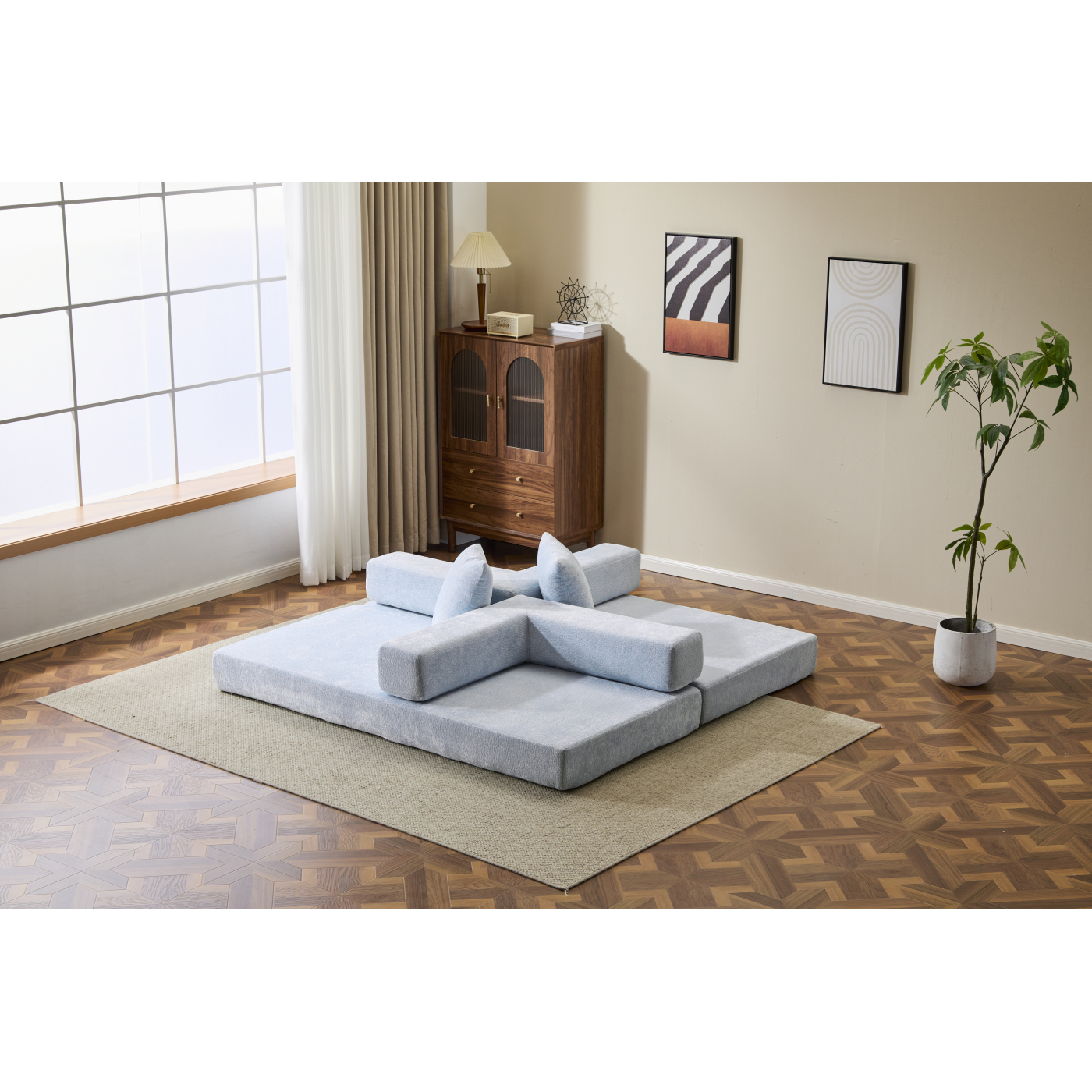 Convertible Sleeper Sofa Bed with Pillows, Chenille Folding Mattress Couch with Fixed-Shape Frame, Floor Sofa Bed Couch for Living Room Bedroom Lounge,Light Blue+Chenille