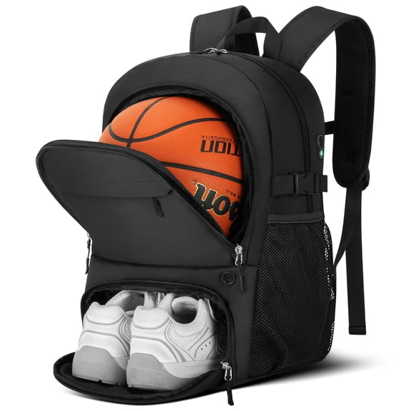 NexTone Basketball Backpack - Large Basketball Equipment Bag with Ball Holder & Shoe Compartment, Sport Bags for Basketball, Soccer, Volleyball, Gym, School and Travel, Black, 30L