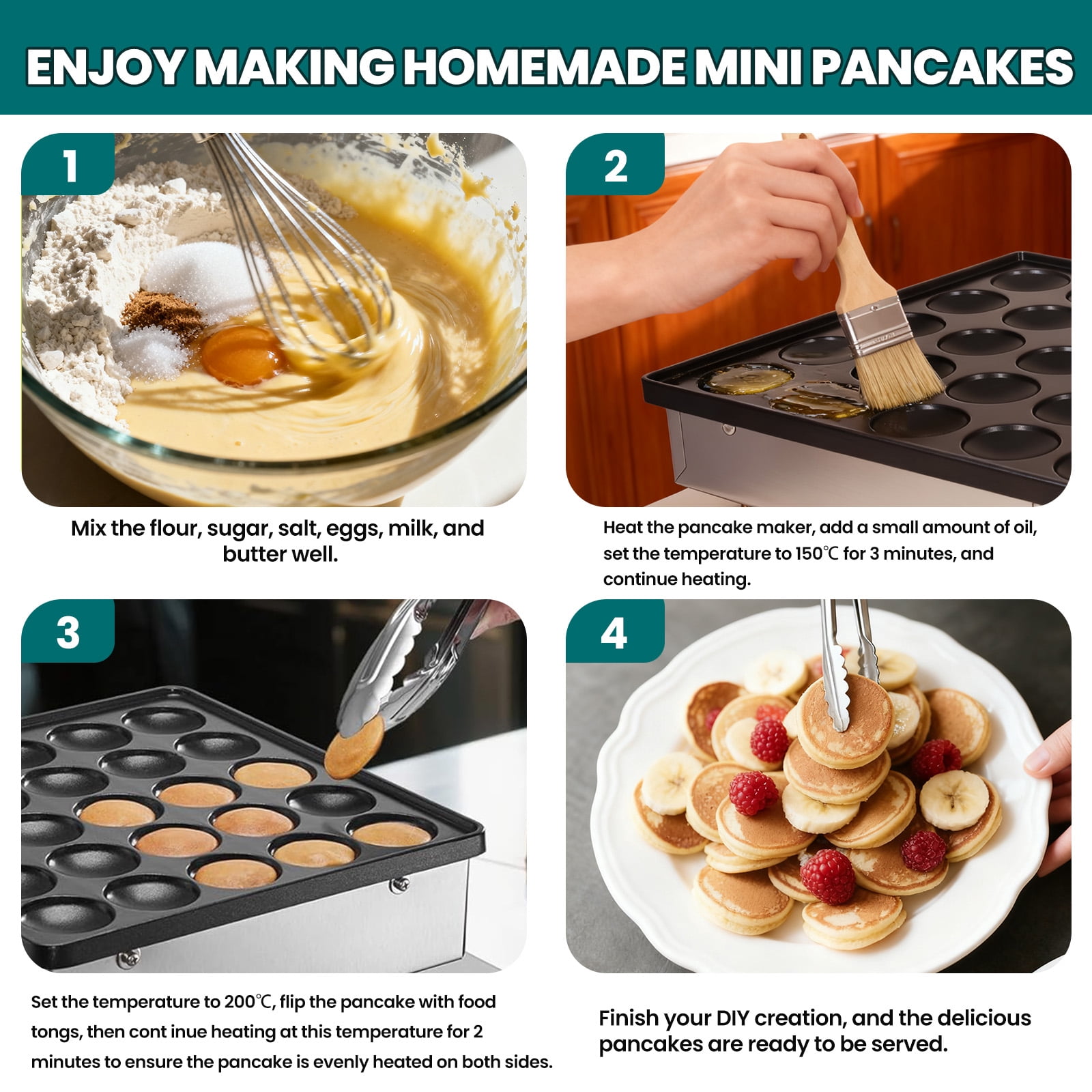 25PCS Mini Dutch Pancake Maker,Stainless Steel Muffin Waffle Maker 110V 950W, Electric Hotcakes Machine with Waterproof Design for Breakfast & Café