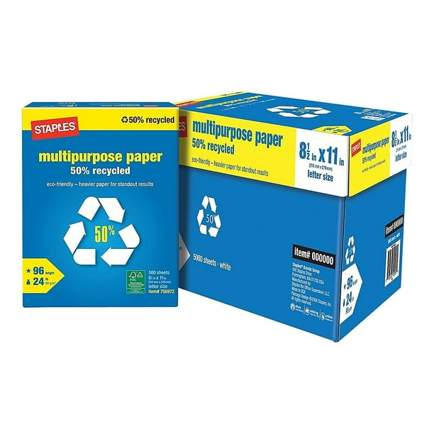 Staples 50 Recycled 8.5" x 11" Multipurpose Paper 24 lbs 96B 10 RM/CT
