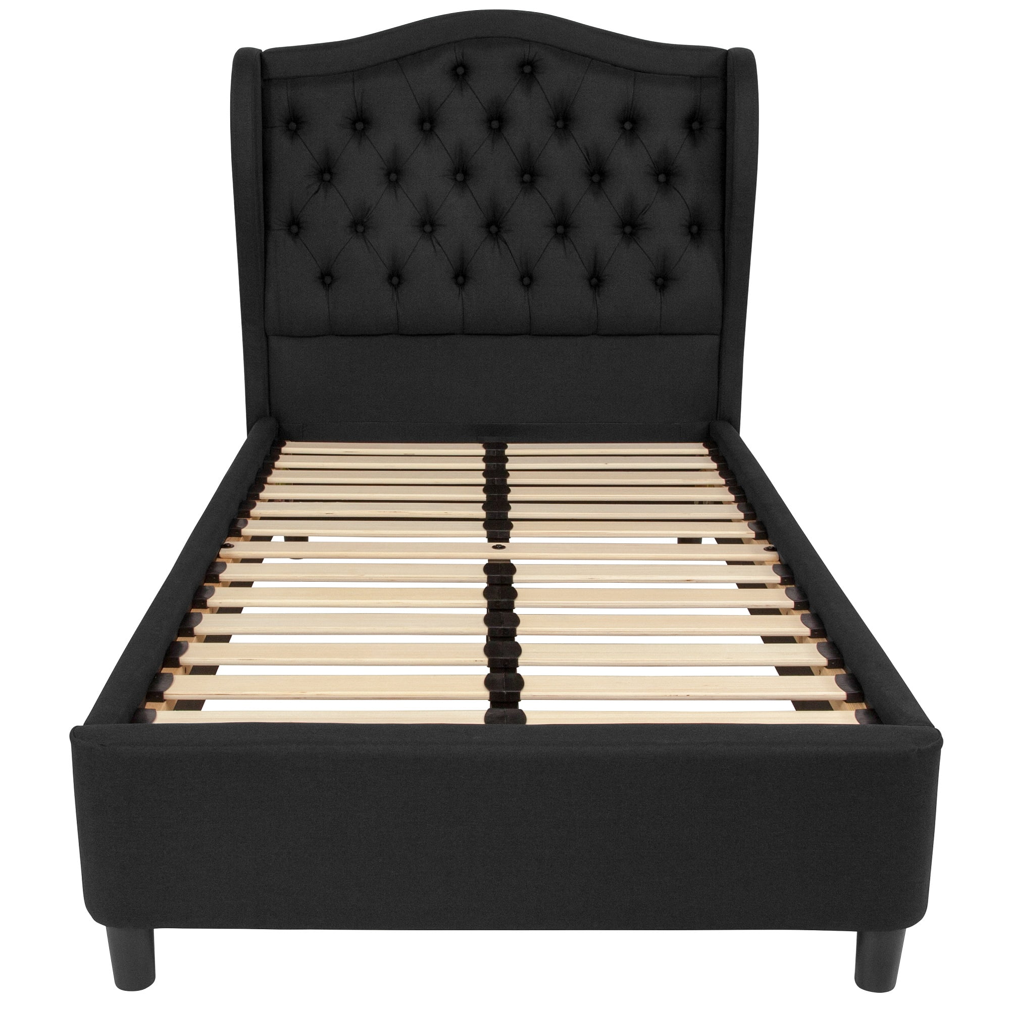 83.75” Black Upholstered Platform Bed with Arched Top Wingback