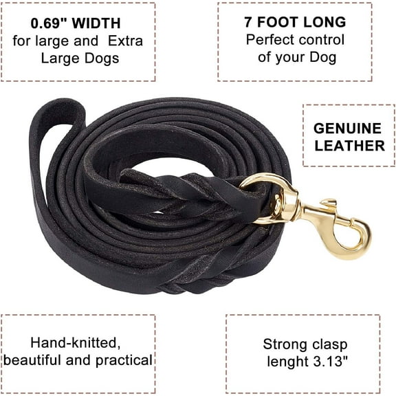 Cowhide Leather Dog Leash 6 Ft Pet Dog Leash with Brass Clasps for Large Medium Leads Rope Dogs Walking & Training Black