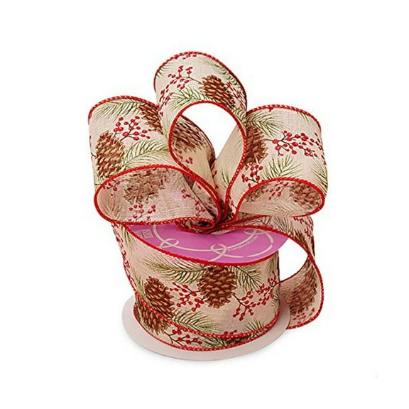 Pinecones & Berries Sheer Holiday Ribbon - With Red Glitter Accents - 2 1/2" X 10 Yards (Wired) (56140811)