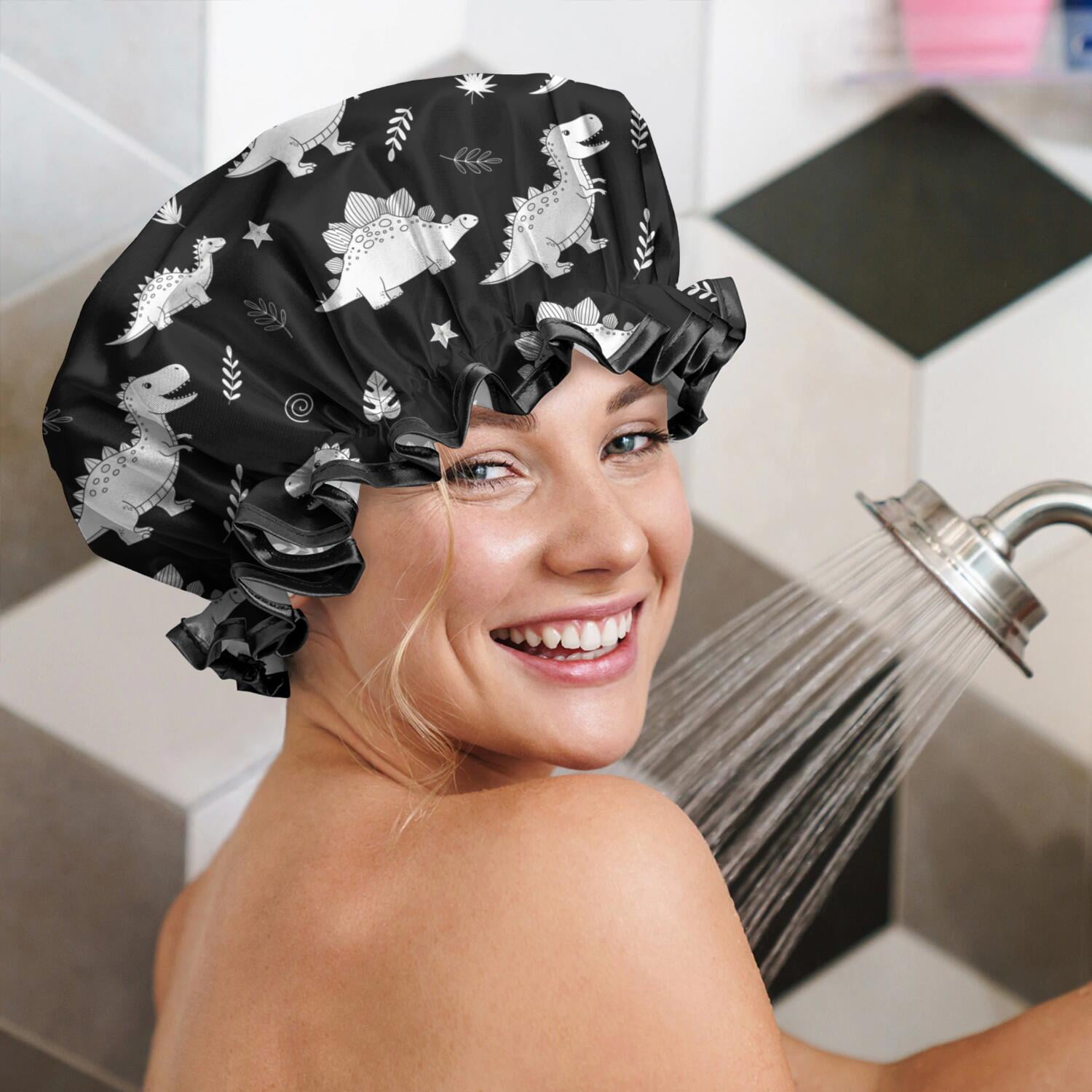 Shower Caps,Black Dinosaurs Leaves Stars Pattern Waterproof Shower Cap for Women 4 Pieces,Double Reusable Hair Cover for Shower PEVA Elastic Stretch Hem