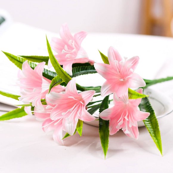TETOU 4Pcs Pink Lily Artificial Flowers No Fade Plastic Plants for Garden Bedroom Indoor Outdoor Decorations