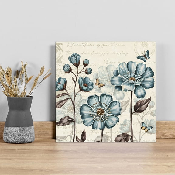 Blue Tulip Wall Art Painting on Canvas, Vintage Flowers Butterfly Plants Beige Rustic Canvas Art Home Prints Wall Art Framed Modern Artwork for Living Room Bedroom Wall Decor 8x8in