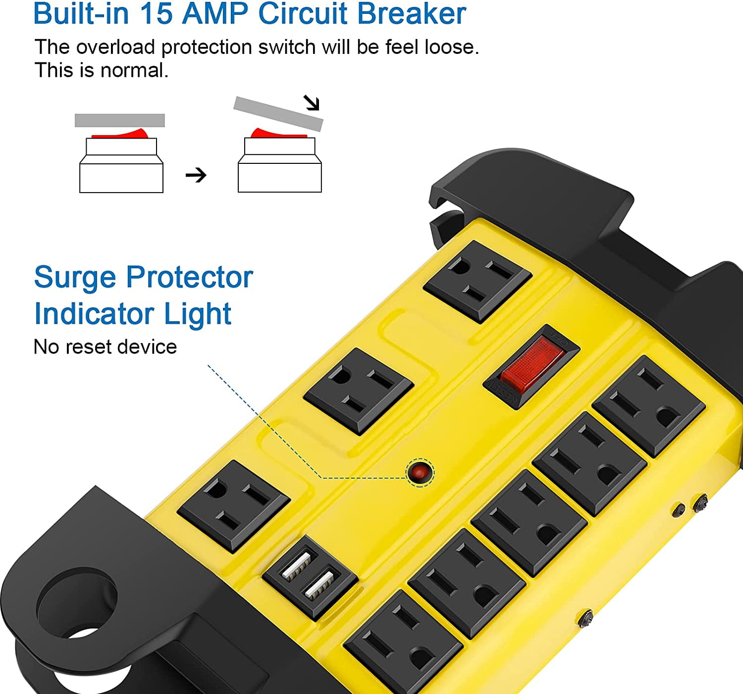 RGHJAR-Heavy Duty Power Strip with USB, Workshop 8 Outlet Surge Protector 2700 Joules, Industrial Metal 15Amp Power Strip, 6FT Extension Cord and Wide Spaced. Yellow